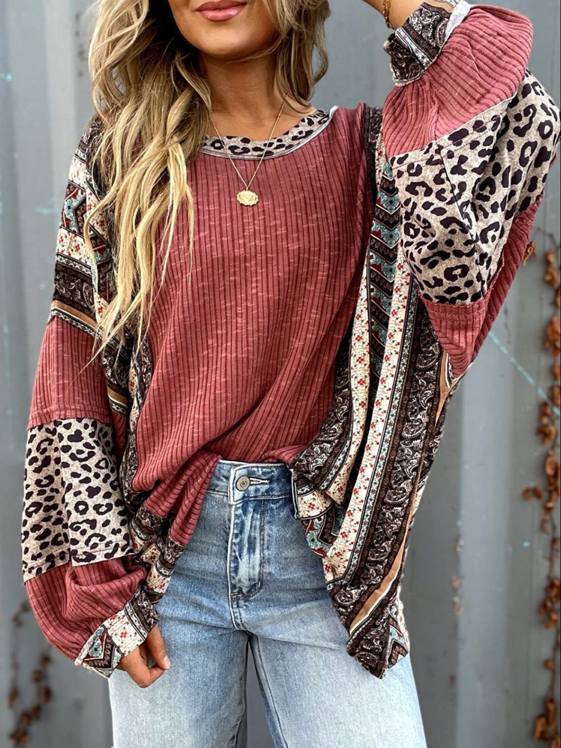 Explore More Collection - Leopard Round Neck Long Sleeve Sweatshirt