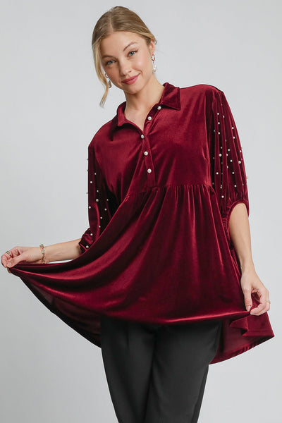 Explore More Collection - Umgee Pearl Detail Collared Neck Velvet Babydoll Blouse