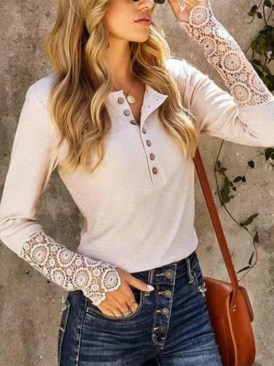 Explore More Collection - Lace Detail Half Button Round Neck Long Sleeve T-Shirt