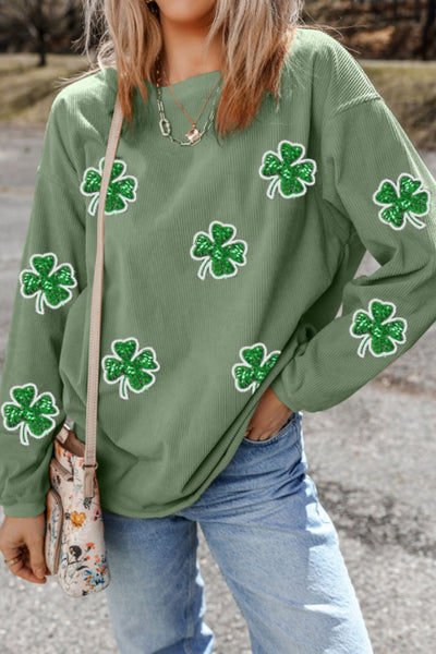 Explore More Collection - Sequin Lucky Clover Round Neck Long Sleeve Sweatshirt