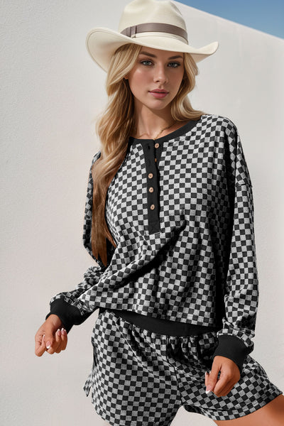 Explore More Collection - Double Take Checkered Half Button Top and Shorts Set