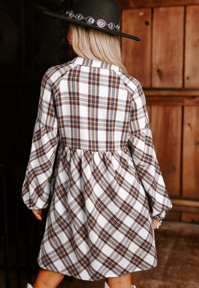 Explore More Collection - Full Size Plaid Collared Neck Balloon Sleeve Mini Shirt Dress