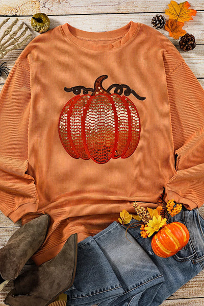 Explore More Collection - Sequin Pumpkin Round Neck Long Sleeve Sweatshirt