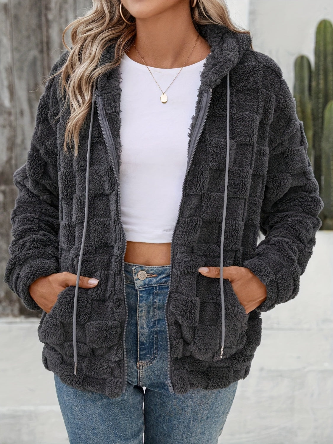 Explore More Collection - Checkered Texture Zip Up Drawstring Fuzzy Jacket