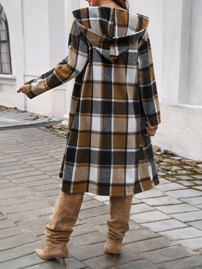 Explore More Collection - Plaid Long Sleeve Hooded Coat