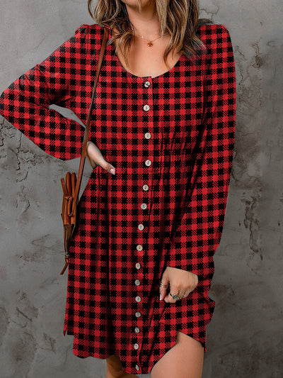 Explore More Doorbusters - Double Take Full Size Plaid Round Neck Long Sleeve Magic Dress