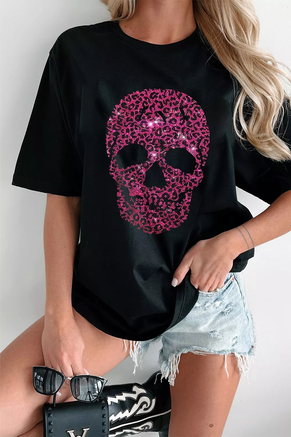 Rhinestone Skull Graphic Crew Neck T Shirt