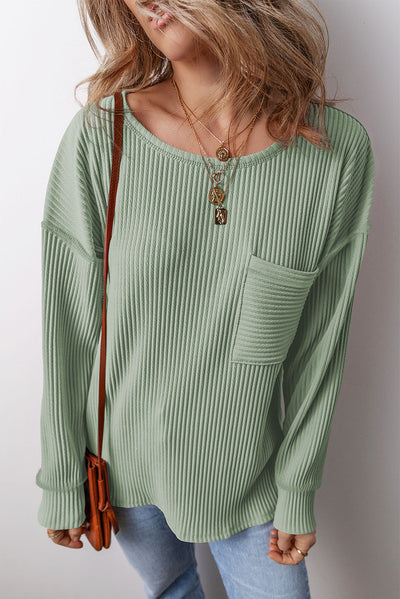 Explore More Collection - Pocketed Round Neck Long Sleeve Top