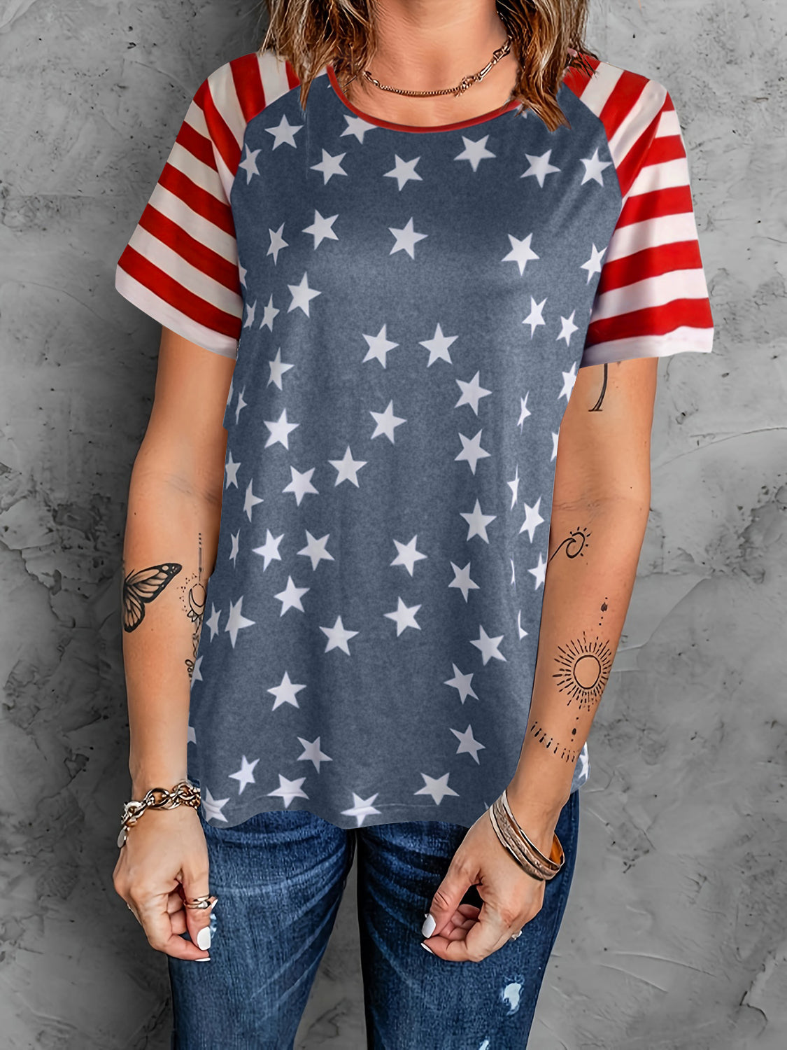 Explore More Collection - Full Size Star Striped Round Neck Short Sleeve T-Shirt