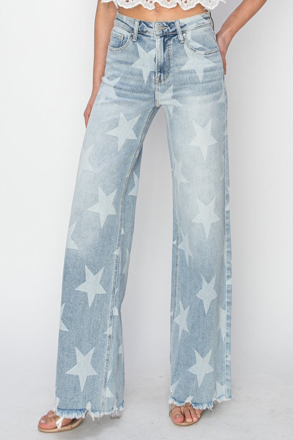 Explore More Collection - RISEN Full Size Raw Hem Star Wide Leg Jeans