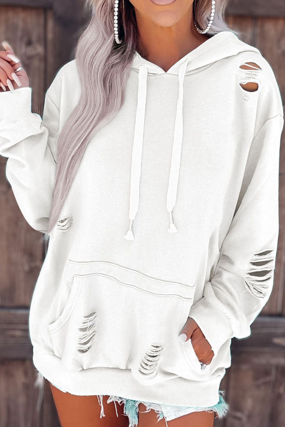 Explore More Collection - Distressed Drawstring Long Sleeve Hoodie