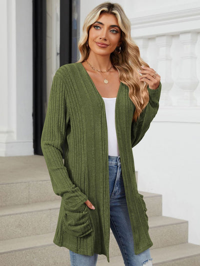 Explore More Collection - Pocketed Open Front Long Sleeve Cardigan