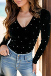 Explore More Collection - Pearl Detail V-Neck Long Sleeve Bodysuit