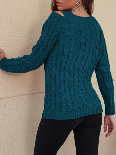 Explore More Collection - Honey Cable-Knit V-Neck Cold Shoulder Sweater