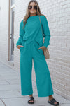 Explore More Collection - Double Take Full Size Textured Long Sleeve Top and Drawstring Pants Set