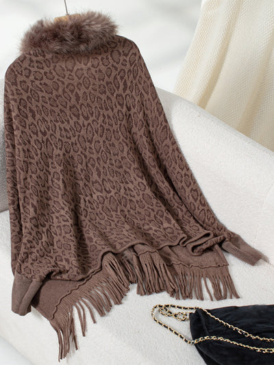 Explore More Collection - Fringe Leopard Open Front Long Sleeve Poncho