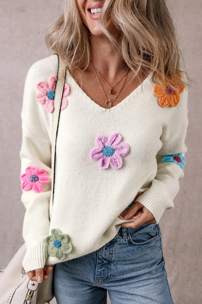 Explore More Collection - Crochet Flower V-Neck Long Sleeve Sweater