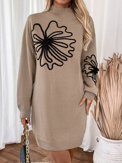 Explore More Collection - Perfee Flower Mock Neck Long Sleeve Sweater Dress