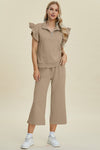 Explore More Collection - Double Take Full Size Texture Ruffle Short Sleeve Top and Wide Leg Pants Set