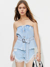 Explore More Collection - Buttoned Raw Hem Tube Denim Top