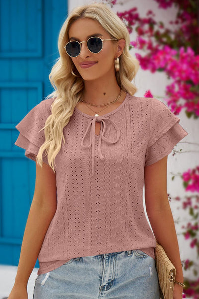 Explore More Collection - Eyelet Tie-Neck Flutter Sleeve Blouse