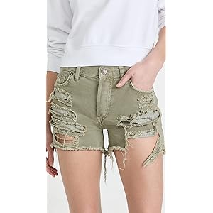 Free People - A Pair of Distressed Green Denim Jean Shorts