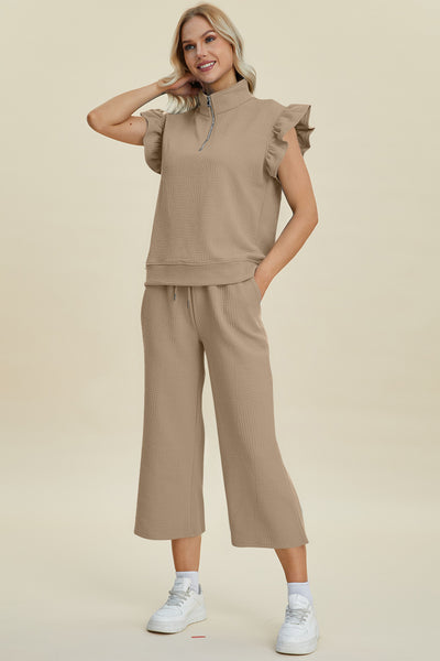 Explore More Collection - Double Take Full Size Texture Ruffle Short Sleeve Top and Wide Leg Pants Set