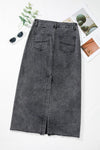 Explore More Collection - Raw Hem Midi Denim Skirt with Pockets