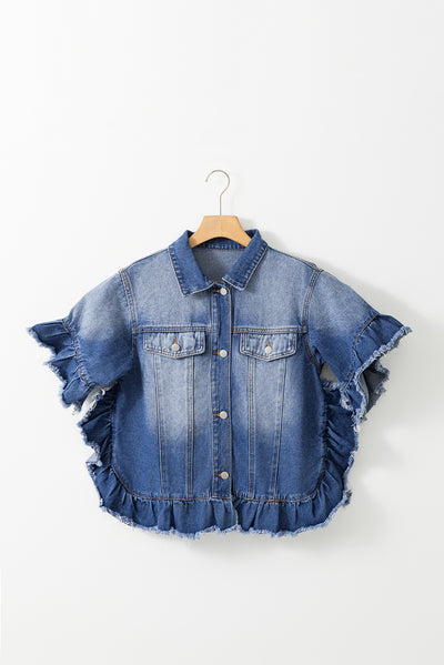 Explore More Collection - Ruffled Raw Hem Half Sleeve Denim Top