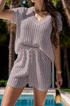 Explore More Collection - Openwork Short Sleeve Top and Shorts Cover Up Set