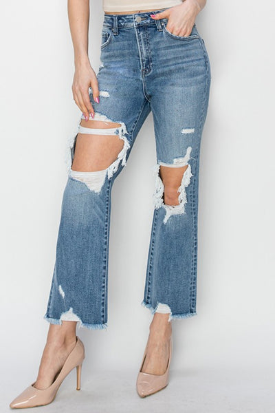 Explore More Collection - RISEN High Rise Distressed Crop Straight Jeans