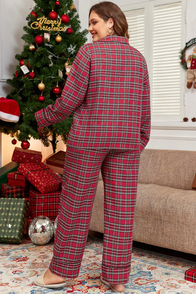 Explore More Collection - Plus Size Plaid Collared Neck Top and Pants Lounge Set