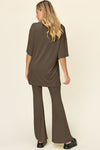 Explore More Collection - Double Take Full Size Round Neck Drop Shoulder T-Shirt and Flare Pants Set