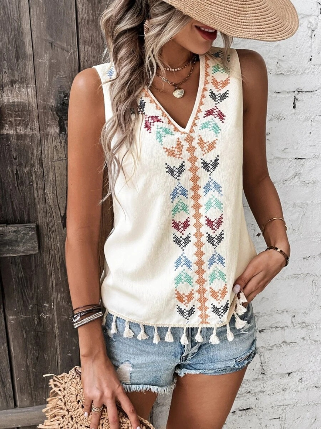Explore More Collection - Tassel Printed V-Neck Tank