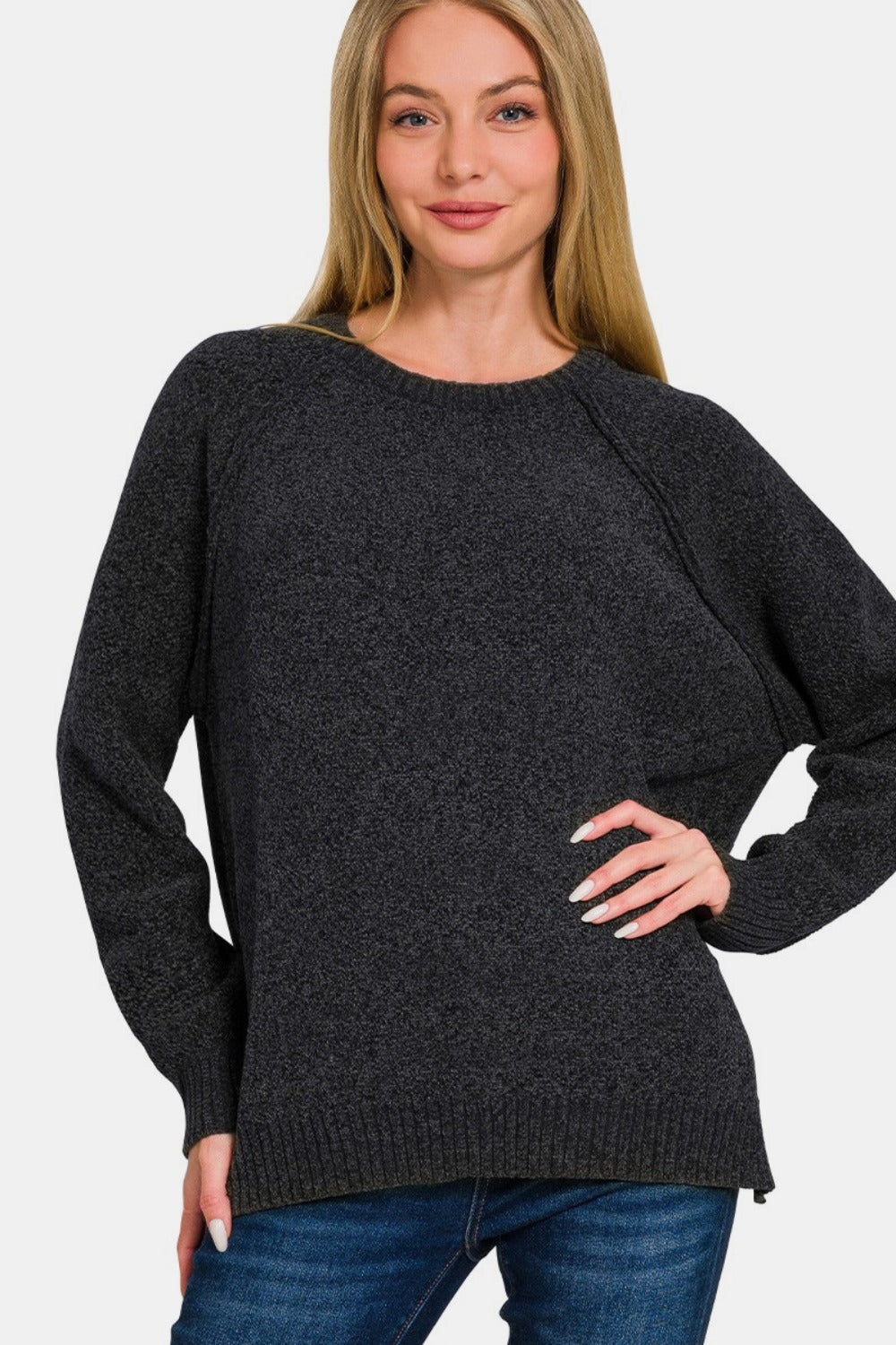 Explore More Collection - Zenana Side Slit Raglan Sleeve Sweater