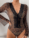 Explore More Collection - Perfee Leopard V-Neck Lace Bodysuit