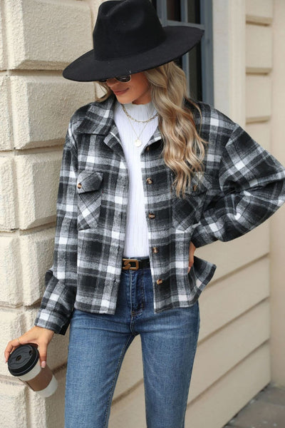 Explore More Collection - Pocketed Plaid Collared Neck Dropped Shoulder Jacket