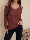 Explore More Collection - Honey Cable-Knit V-Neck Cold Shoulder Sweater