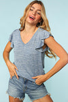 Explore More Collection - Denim Two Tone V Neck Ruffle Sleeve Top