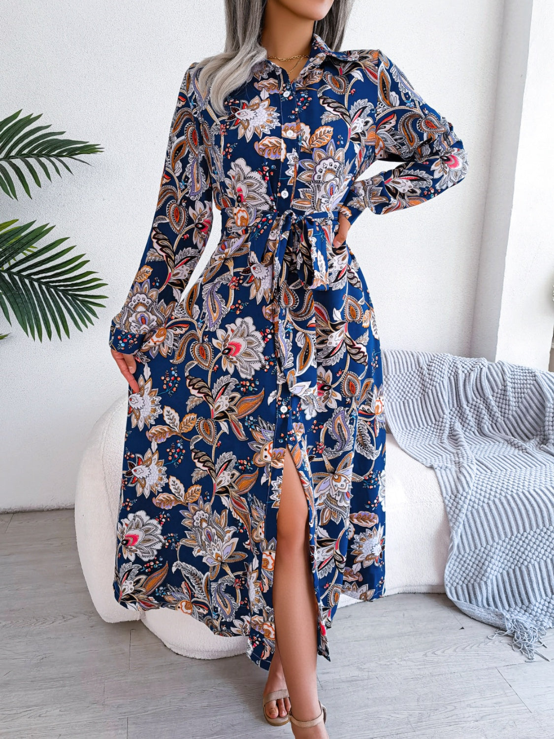 Explore More Collection - Tied Printed Long Sleeve Midi Dress