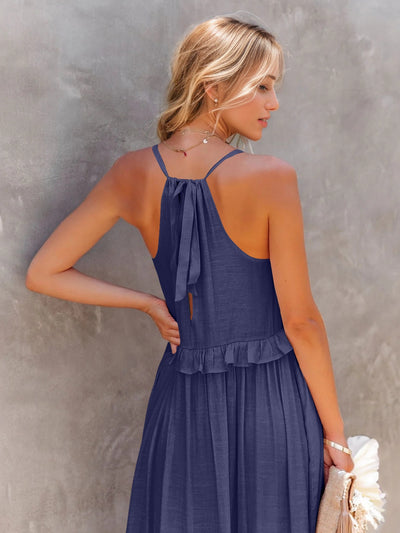 Explore More Collection - Ruffled Sleeveless Tiered Maxi Dress with Pockets