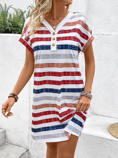 Explore More Collection - Striped V-Neck Short Sleeve Dress