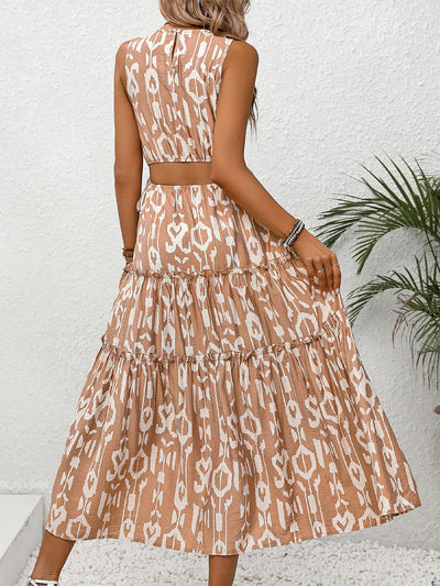 Explore More Collection - Frill Cutout Printed Round Neck Sleeveless Dress