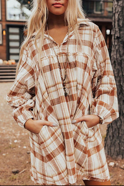 Explore More Collection - Plaid Collared Neck Long Sleeve Mini Shirt Dress