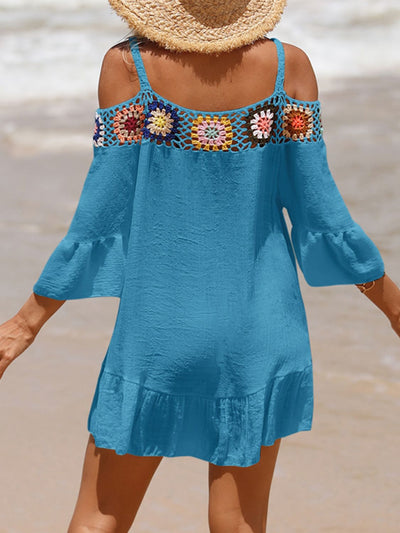 Explore More Collection - Crochet Cold Shoulder Three-Quarter Sleeve Cover Up