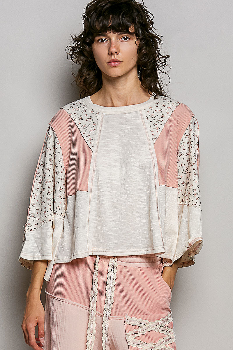 POL Exposed Seam Floral Patchwork Round Neck Textured Slub Knit Top