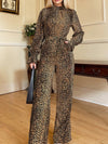 Explore More Collection - Leopard Flounce Sleeve Wide Leg Jumpsuit