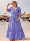 Explore More Collection - Plus Size Lace Detail Tie Neck Short Sleeve Maxi Dress