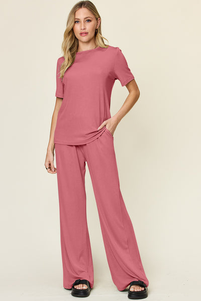 Explore More Collection - Double Take Full Size Round Neck Short Sleeve T-Shirt and Wide Leg Pants Set