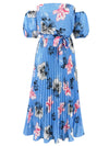 Explore More Collection - Pleated Floral Off-Shoulder Short Sleeve Midi Dress